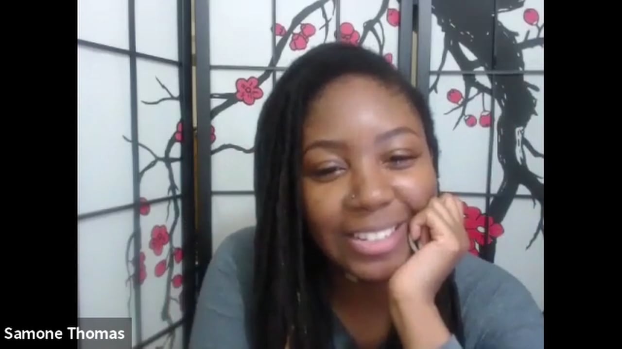 Samone speaking to camera in her video testimonial